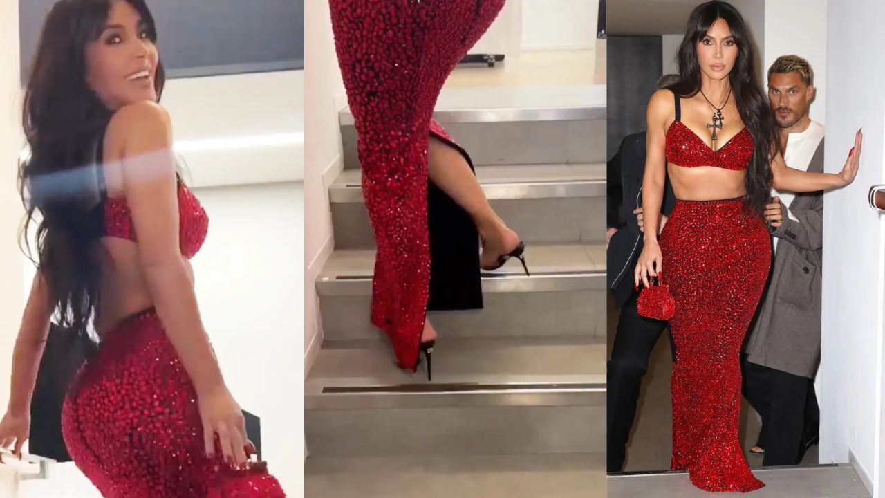 Kim Kardashian And Her Struggle With Stairs In Red Dolce & Gabbana Skirt